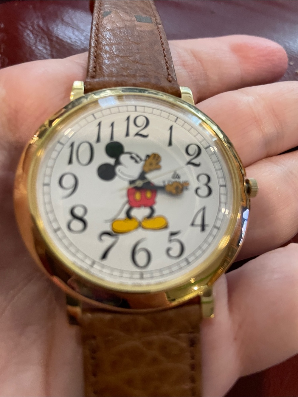 GUC Brown Leather Strap Mickey Mouse Watch with Gold-Tone Case